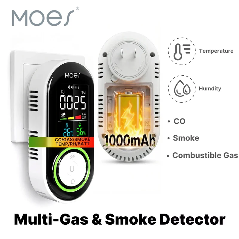 MOES 5in1 Smart Air Quality Sensor CO Gas & Smoke Detector Temperature Humidity Sensor with LCD Display Plug-in Smart Air Box