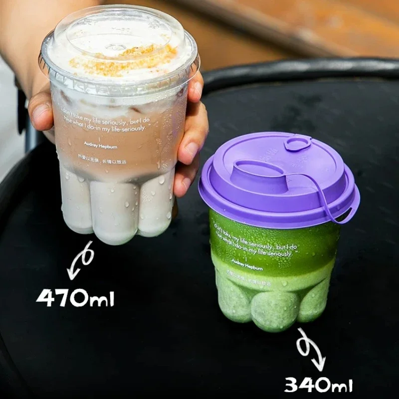 50 Set Cute Cat Paw Style Cold Drink Cup 360/500ml Disposable High Transparency Plastic Container Commercial Creative Coffee Mug