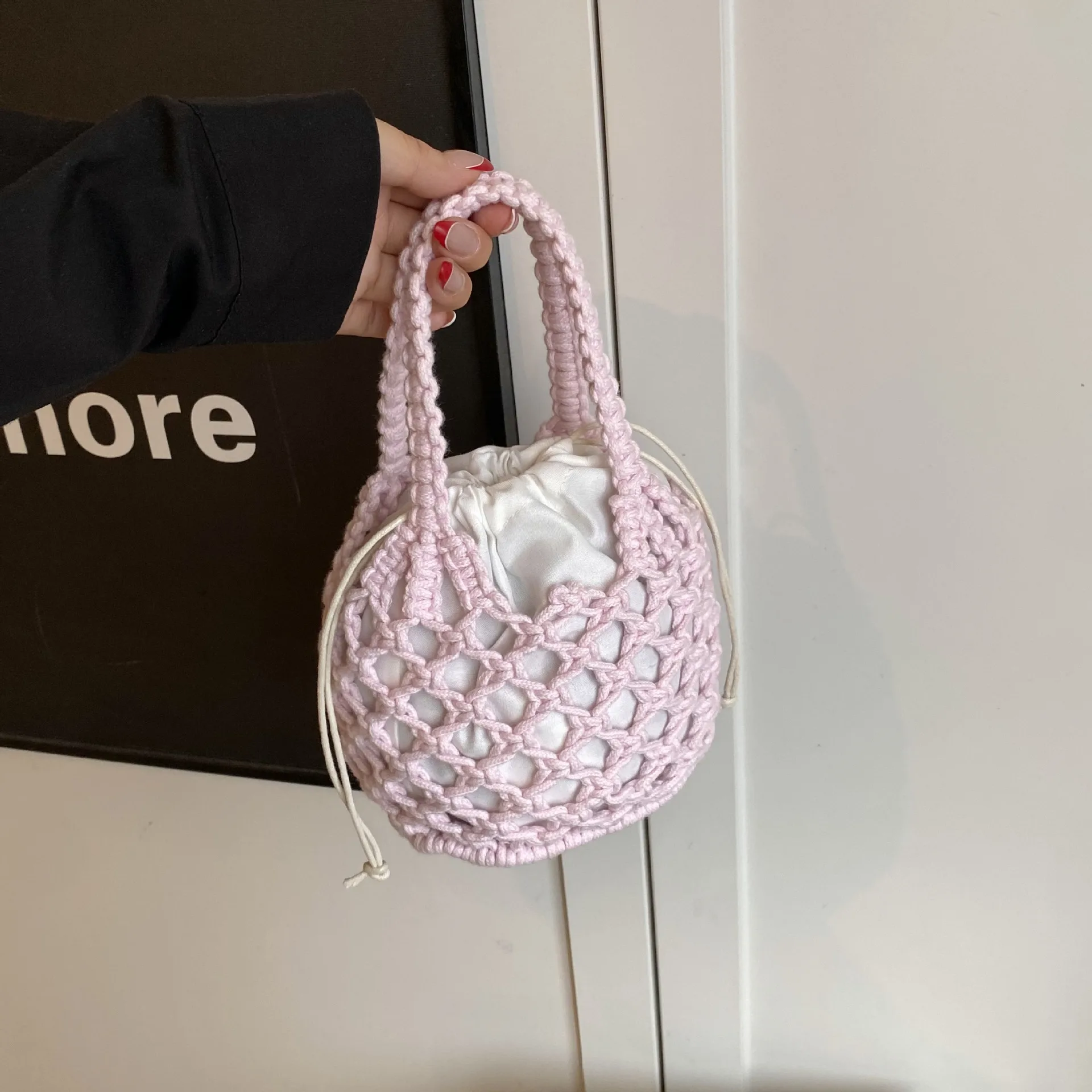 

Woven Bucket Bag with Hollow Design, Cotton Rope Beach Shoulder Bag, Trendy Crossbody Purse for Women