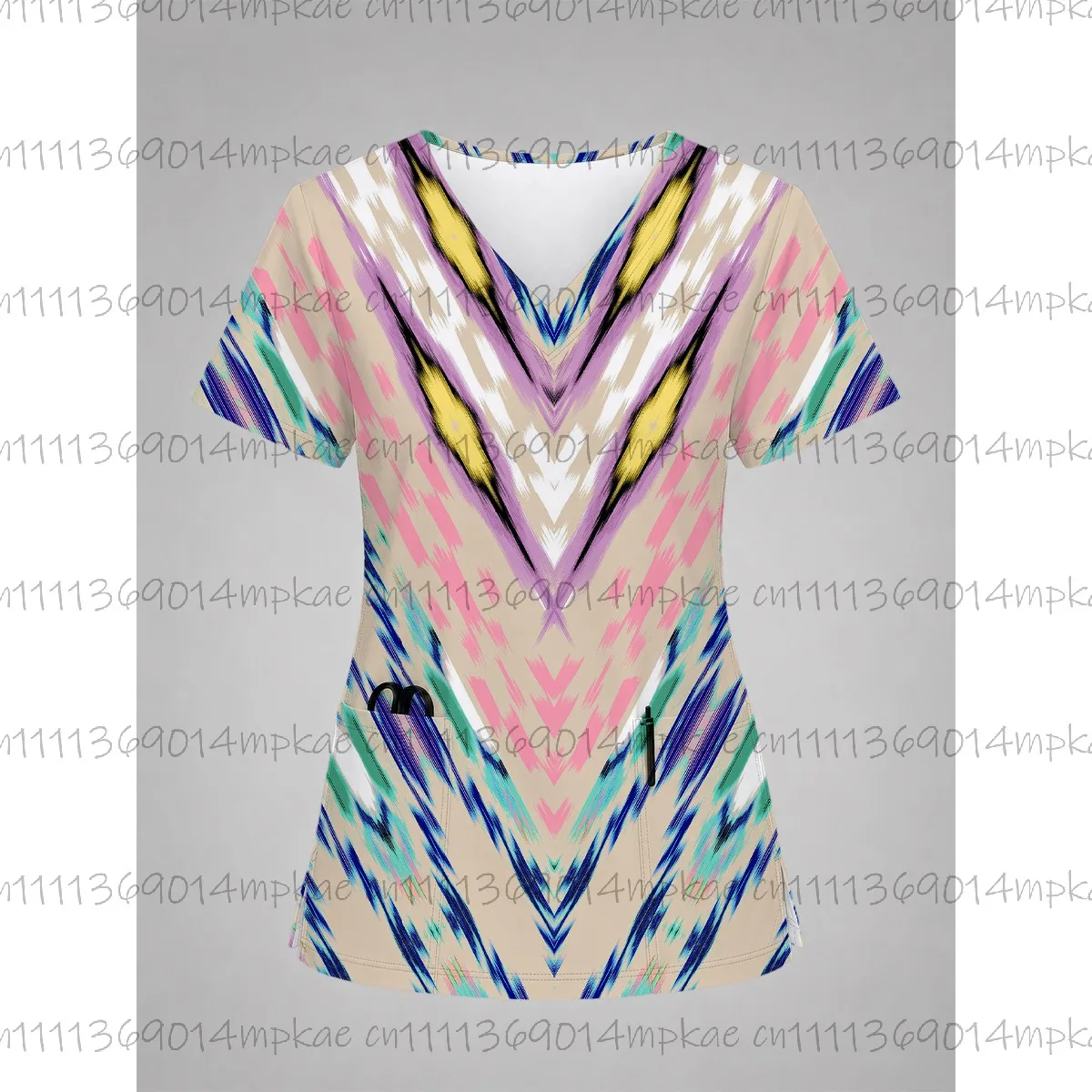 New Women's V-Neck Pocket Short-Sleeve Frosted T-Shirt, Beauty Salon Frosted Top, Geometric Print Women's Work T-Shirt - view 4