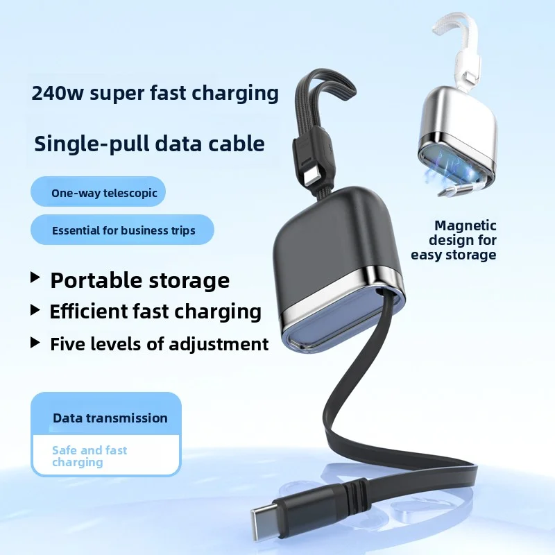 240W single-pull super fast charging retractable data cable, compatible with Apple and Huawei phones, type-c charging cable