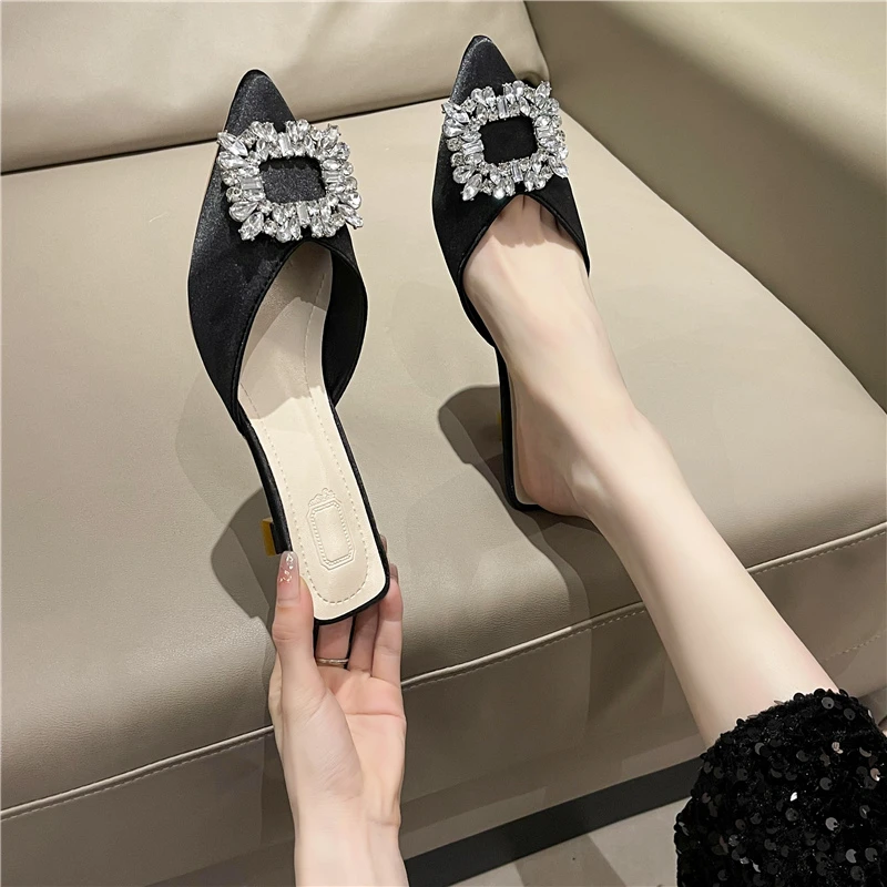 New Women\'s Shoes New Mules Women\'s High Heels Fashion Wedding Pump Women Rhinestone Pointed Toe Sandals Ladies Zapatos Mujer