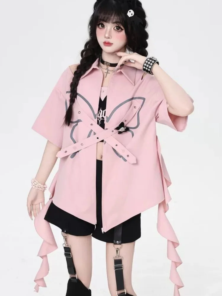 

Кардиган на молнии с отложным воротником в стиле Харадзюку, рубашки с бабочкой и заклепками, оборками и лентой, милая свободная блузка для юниоров, летние топы Harajuku Y2K