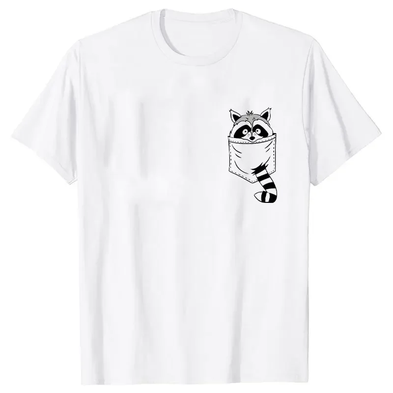 تي شيرت نسائي بأكمام قصيرة ، جيب كرتوني ، تي شيرت مطبوع عليه رسومات الراكون ، ملابس الشارع ، كاجوال متعدد الاستخدامات ، موضة الصيف