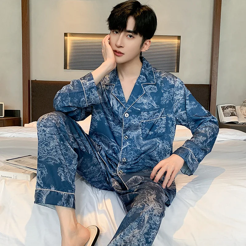 Pajamas Men Spring Summer Thin Ice Silk Luxurious Loose Fitting Home Wear Suit Male Satin Pyjamas Set Night Pajamas Set Men