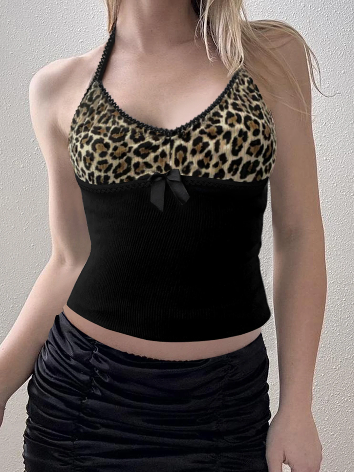 Patchwork Leopard Halter Top Women Backless Slim V Neck Sexy Crop Vest Sleeveless Bow Cute Kawaii Y2K Tank Tee