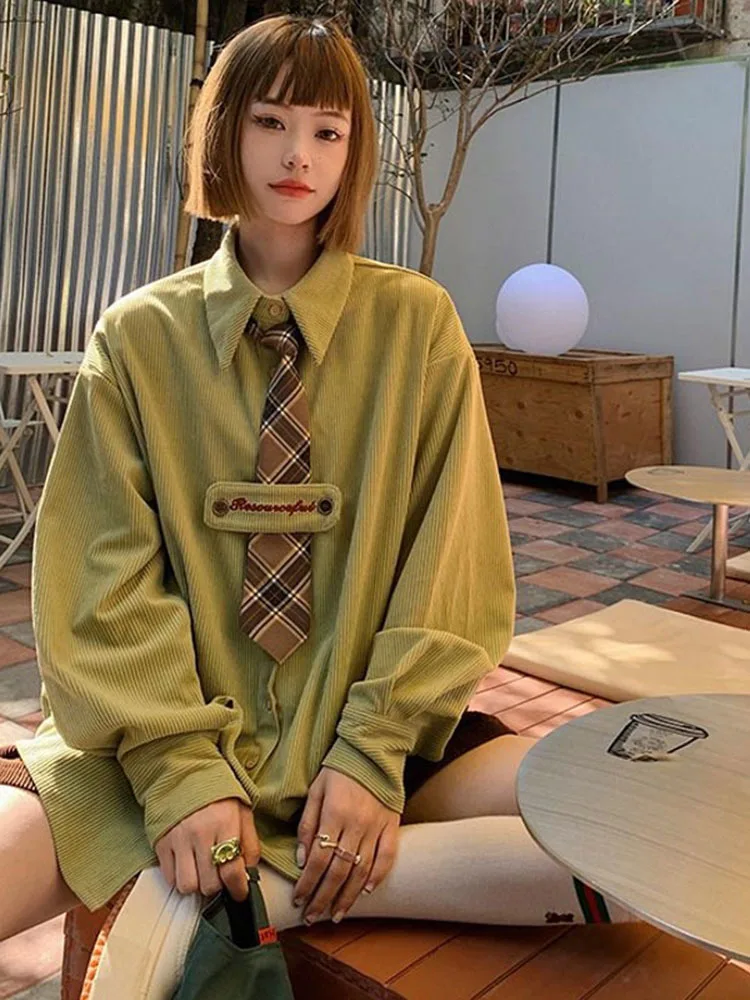 Women Autumn Winter New Turn-down Collar Contrast Color Over-shirt Pleated Puff Long Sleeve Oversize Design Female Blouses Trend