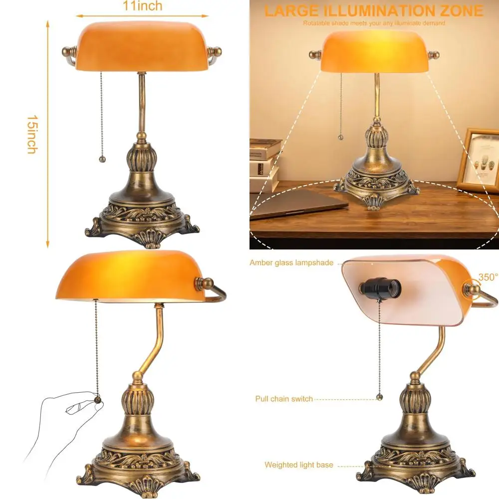 

Retro Amber Glass Bankers Lamp with Pull Switch, Vintage Black/Gold Desk Light for Living Spaces, Libraries, and Piano Rooms