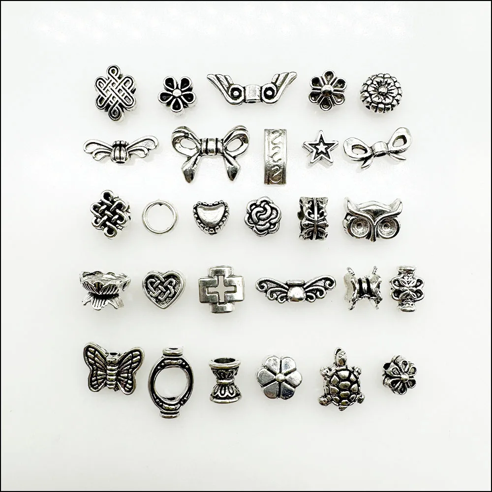 Tiny Animal Wings Heart Charms Antique Silver Color Spacer Beads Jewelry Accessories DIY