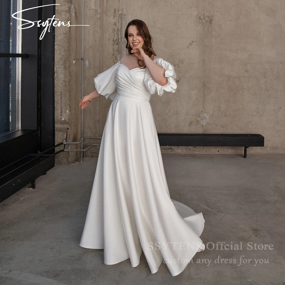 

SSYTENS Simple Long Wedding Dresses Off Shoulder A-Line Bridal Dress Half Sleeve Backless Bride Gown vestido de novia Customized