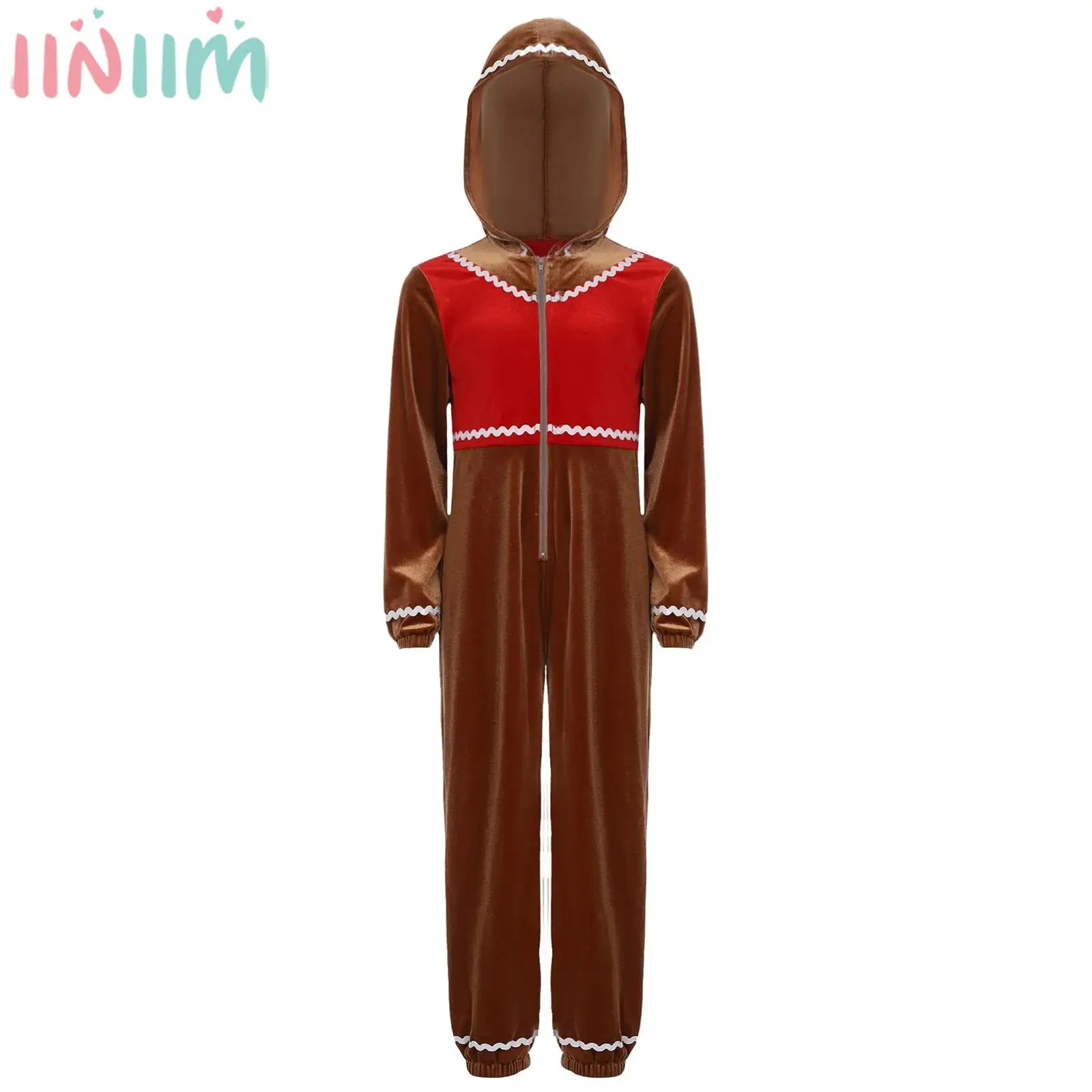 

Children Gingerbread Man Jumpsuit Christmas Costume Long Sleeve Zipper Velvet Hooded Bodysuit for Xmas Carnival Festival Party