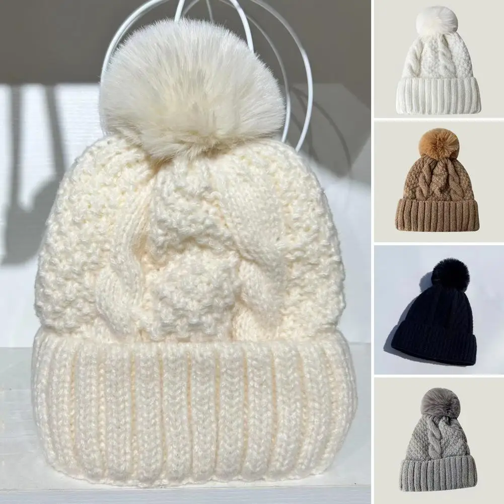 Knit Beanie Hats Cozy Winter Pom pom Beanie for Unisex Thick Knitted Folded Brim Hat with Ear Windproof for Warmth