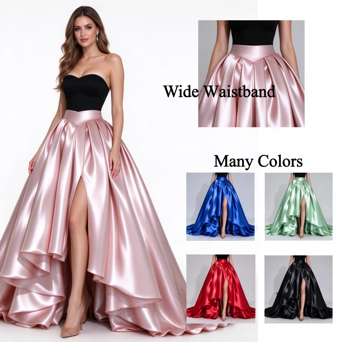 DTLumika New Glossy Satin Skirts for Women Wide Waistband Slit A Line Party Prom Skirt with Train Many Colors Customized Size