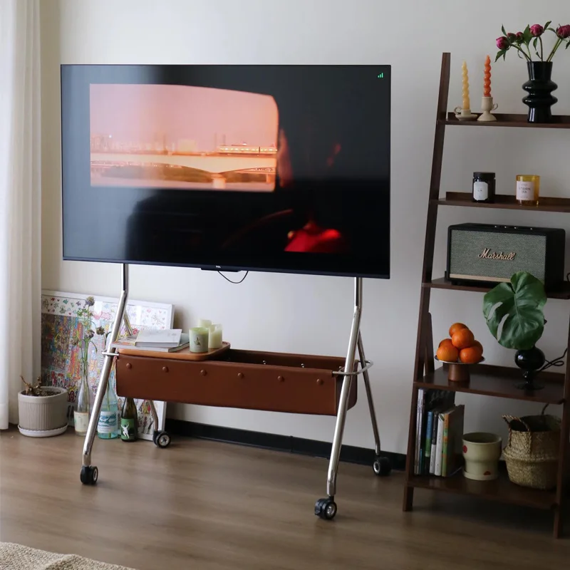 Movable TV stand Floor to ceiling living room Home TV stand with wheels Leather pocket Storage stand