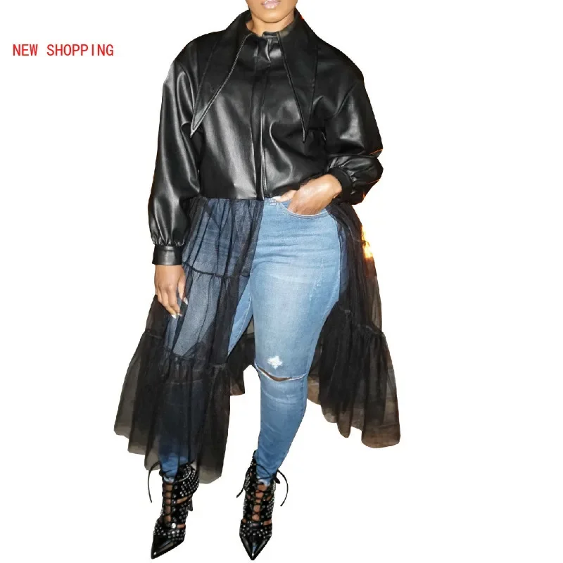 Sexy PU Faux Leather Jacket Long Sleeve Autumn Winter Women Fahsion Clothes Mesh Sheer Turn Down Collar Night Club Jackets NEW