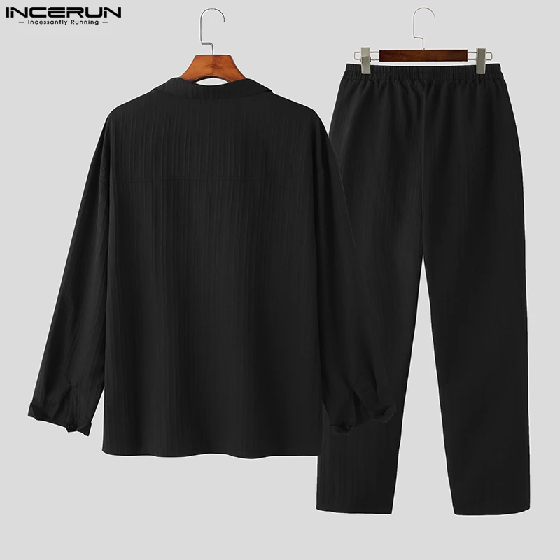 INCERUN Men Sets Solid Color Fashion Lapel Long Sleeve Shirt & Pants 2PCS Pleated 2023 Loose Streetwear Men Casual Suits S-5XL