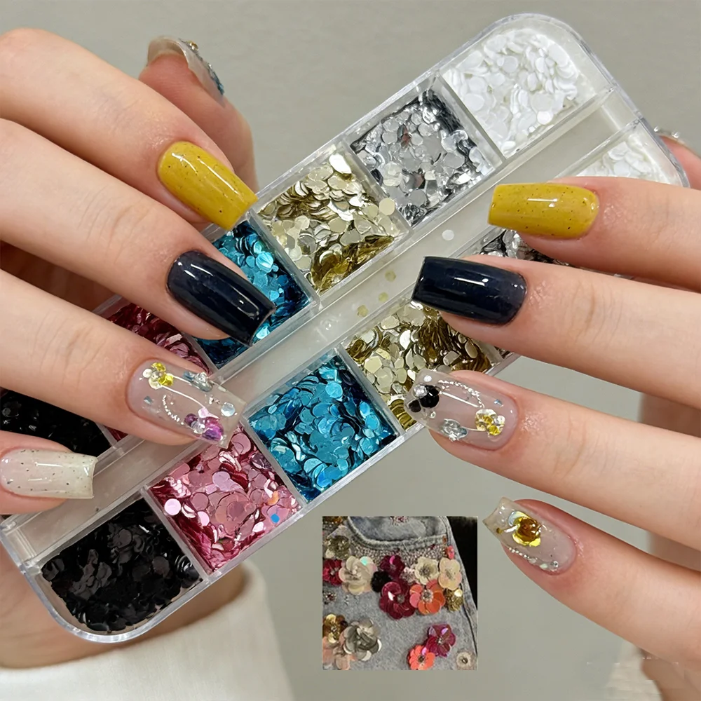1 Box 3D Bunte Punkte Blumen Nagelglitzer Pailletten Mini Kreisförmige Nagelflocken DIY Blumenförmige Maniküre-Dekorationen Zubehör