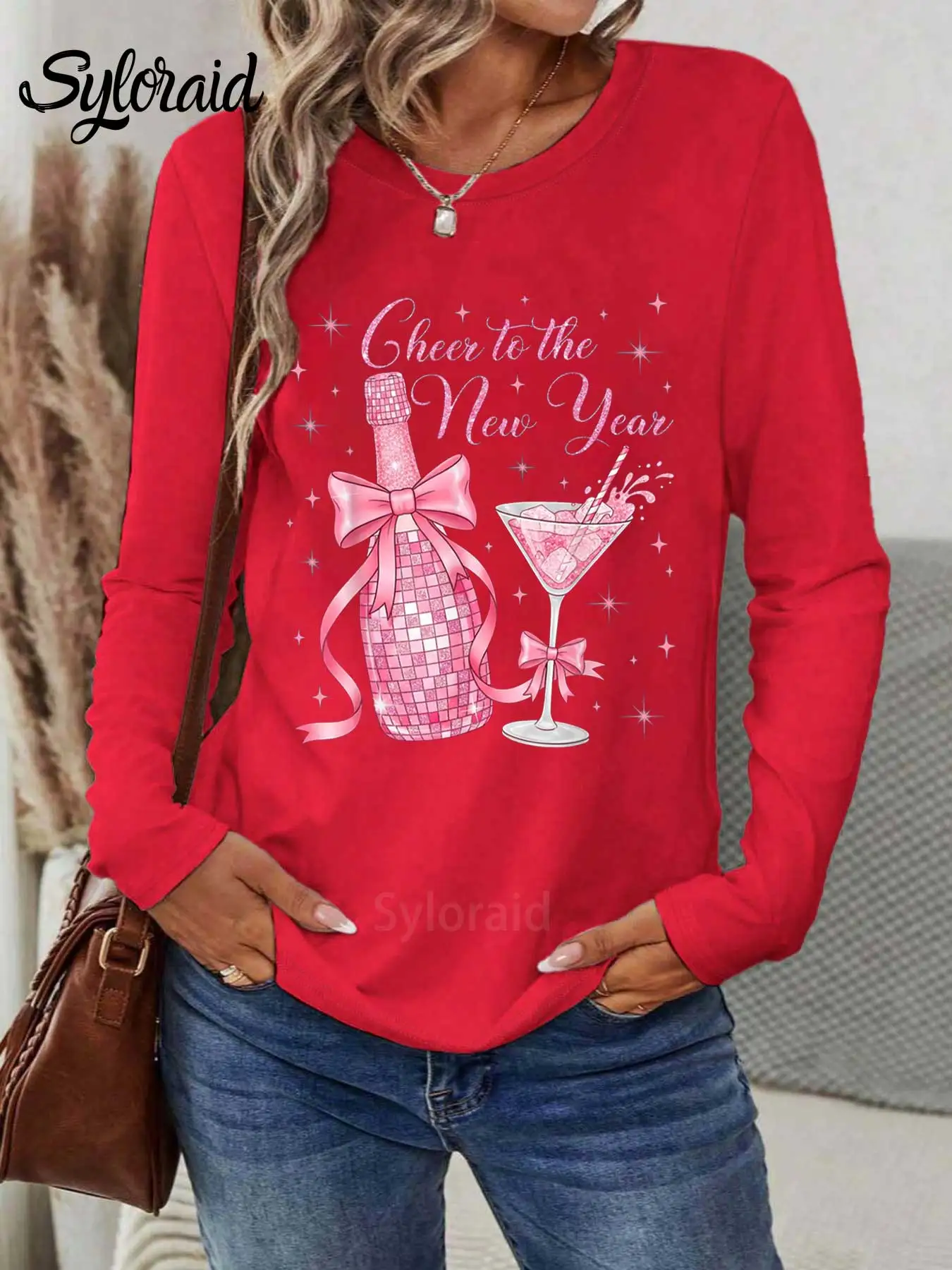 Damska koszulka z długim rękawem, różowa, z nadrukiem: \\\\\\\"Cheers to a New Year\\\\\\\", modna koszulka z okrągłym dekoltem, codzienna bluzka.