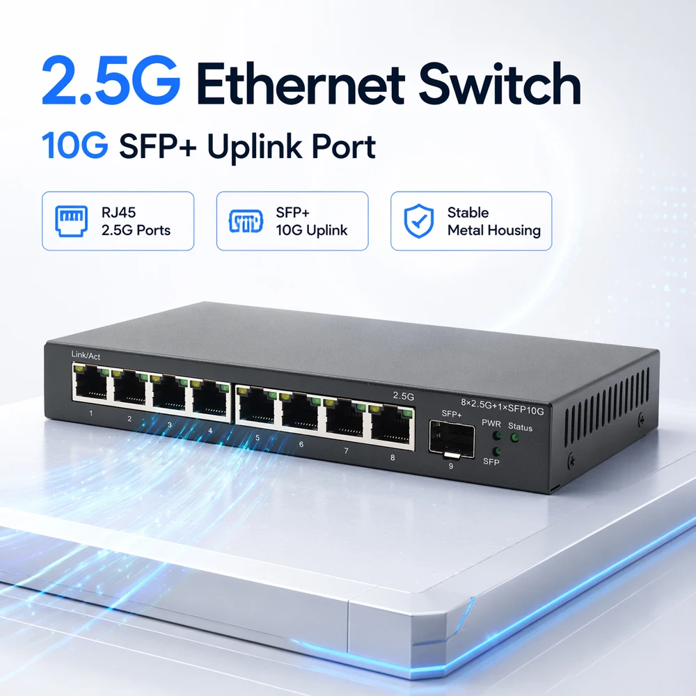2.5G Optical Port Network Gigabit Switch, 2.5G RJ45 + 10G SFP+, Metal Fanless Design, Suitable for NAS, Home Office