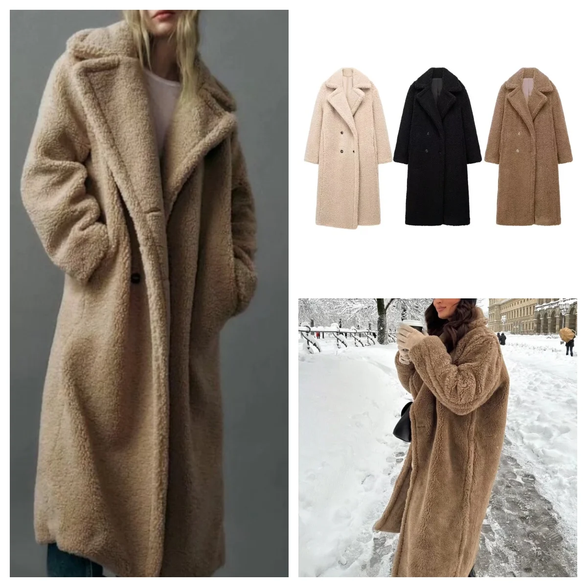 New winter style lapel double-breasted long sherpa coat for women fashionable and versatile warm top