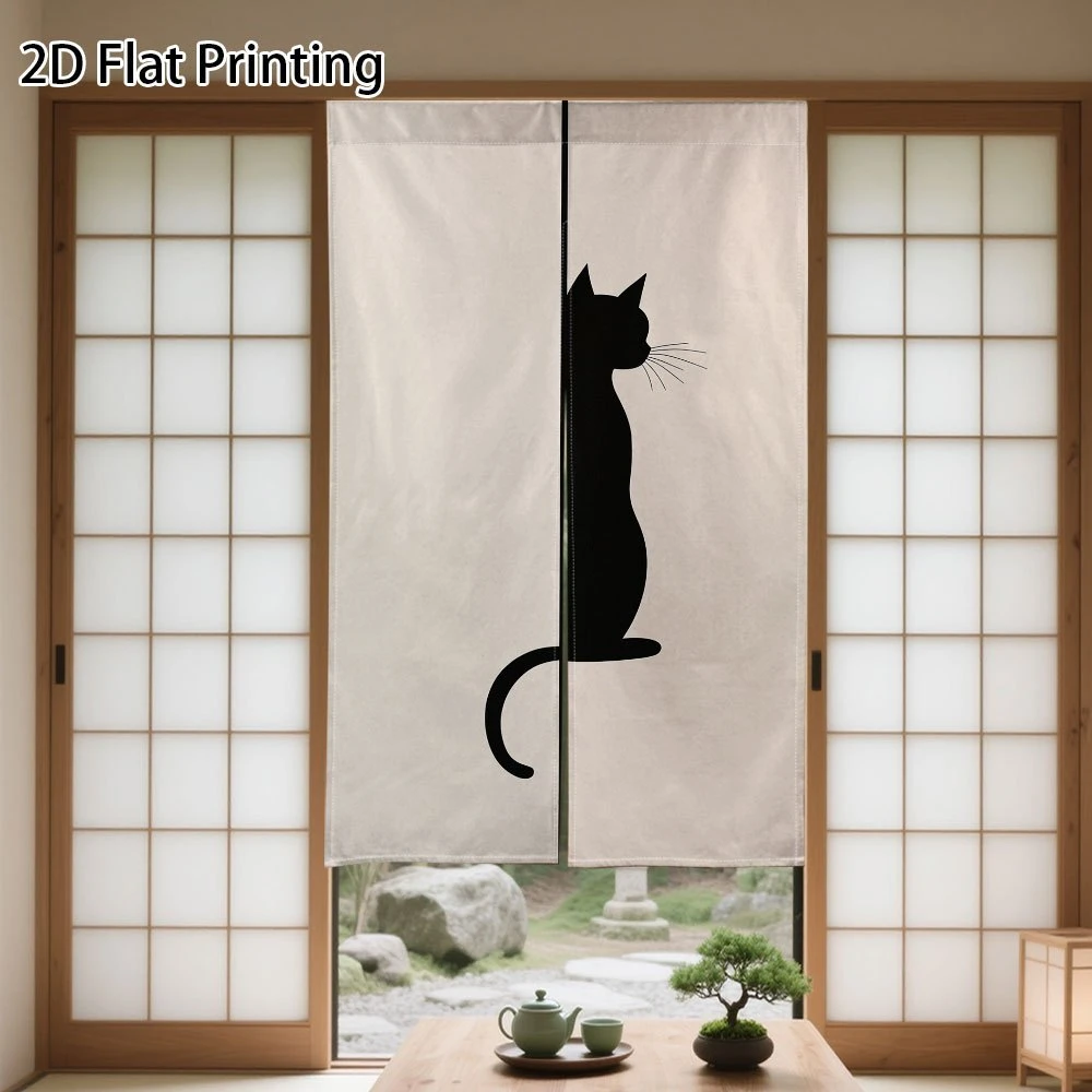 VIKAMA Minimalist Cat Japanese Half Door Curtain Wabi Sabi Noren Kitchen Entryway Bedroom Apartment Divider Decor