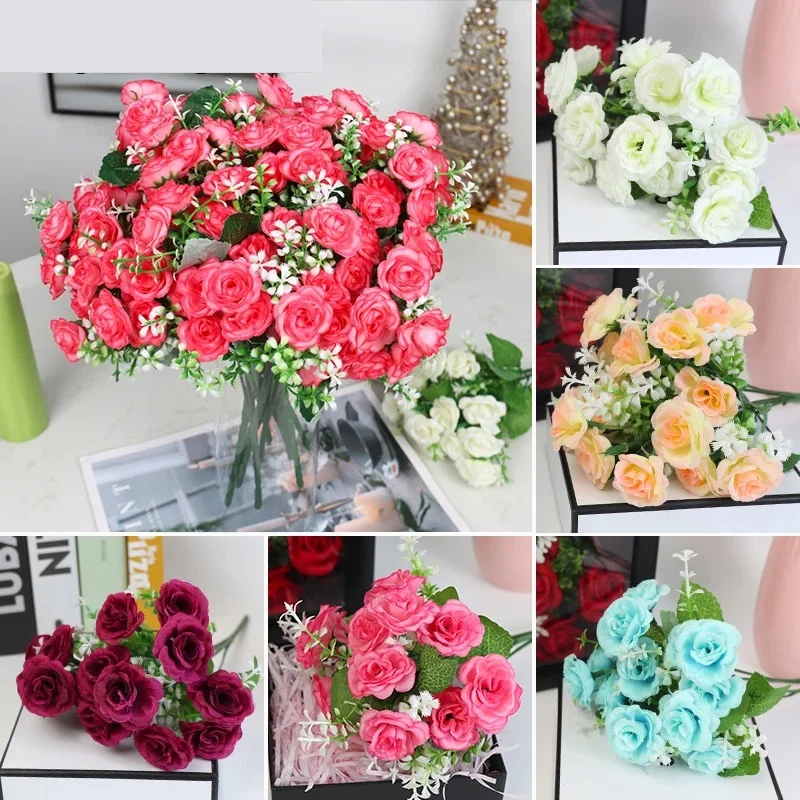 Artificial Flowers 15 Head Rose Artificial Silk Fake Flowers Bouquet Leaf Rose Wedding Floral Decor Home Office Christmas Decor