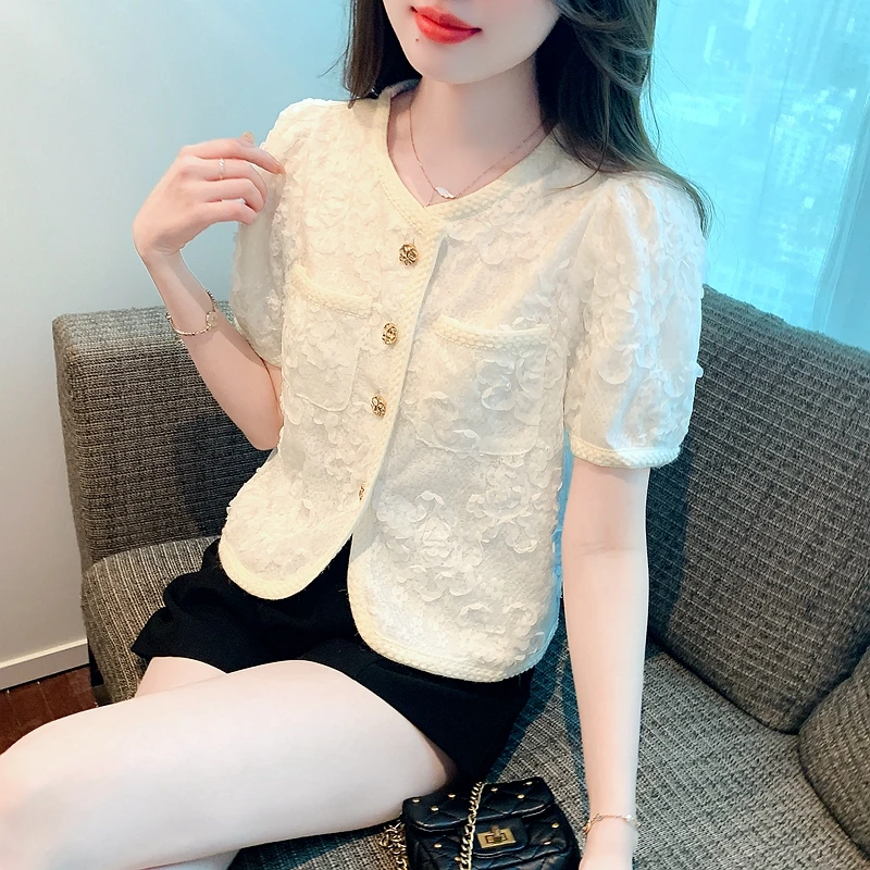 Summer Fashion Short Sleeve O-Neck Women Shirt Casual Lace White Blouse Shirt Women Tops Blusas Mujer De Moda 2024 Verano H610