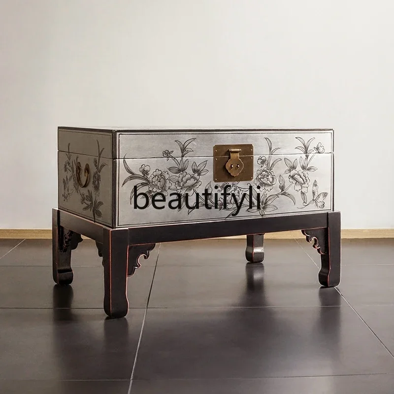 LJYSolid wood neoclassical coffee table Red Treasure box Storage box Side table Large storage coffee table