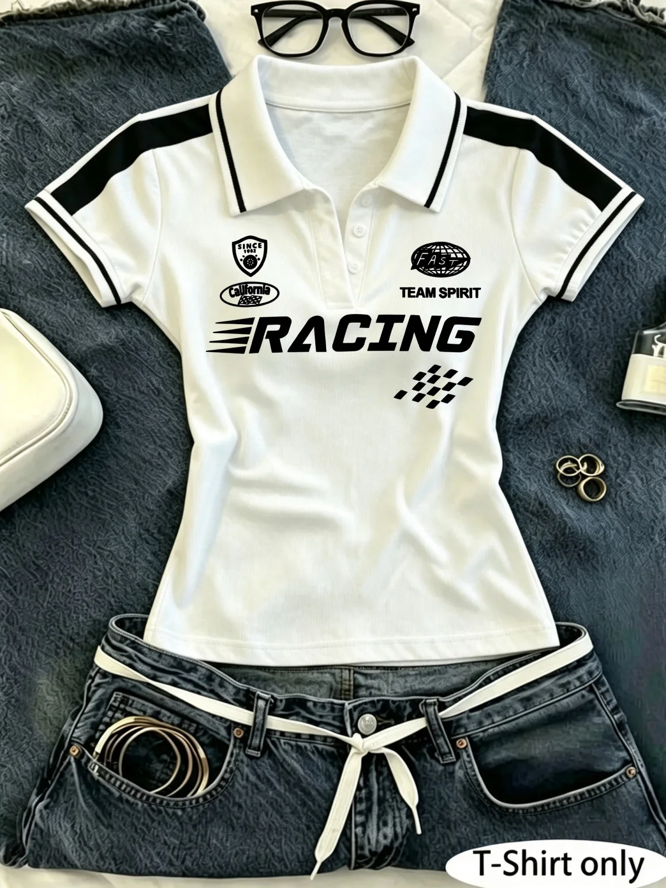 Women Y2K Chicago Graphic Polo Shirt, Short Sleeve Collared Slim Fit Crop Top Retro Racing Print Tees for Streetwear