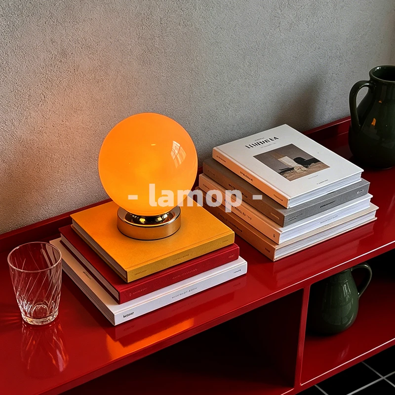 Murano Glass Warm Orange Solid Full Sphere Short Chrome Base Table Lamp Boho Casual 3 Tone Soft Light Metal Grid Shelf Decor