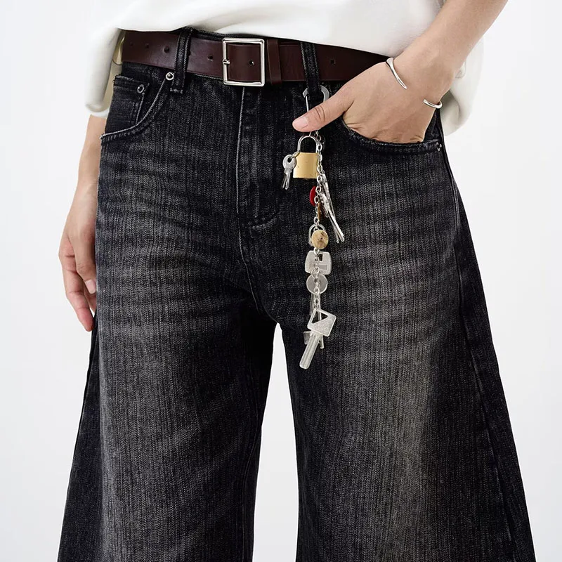 الكورية الخريف والشتاء الرجال الجينز الخيزران منقوشة سكين منحني الجينز فضفاض مستقيم الساق السراويل متوهج قليلا بنطال ذو قصة أرجل واسعة