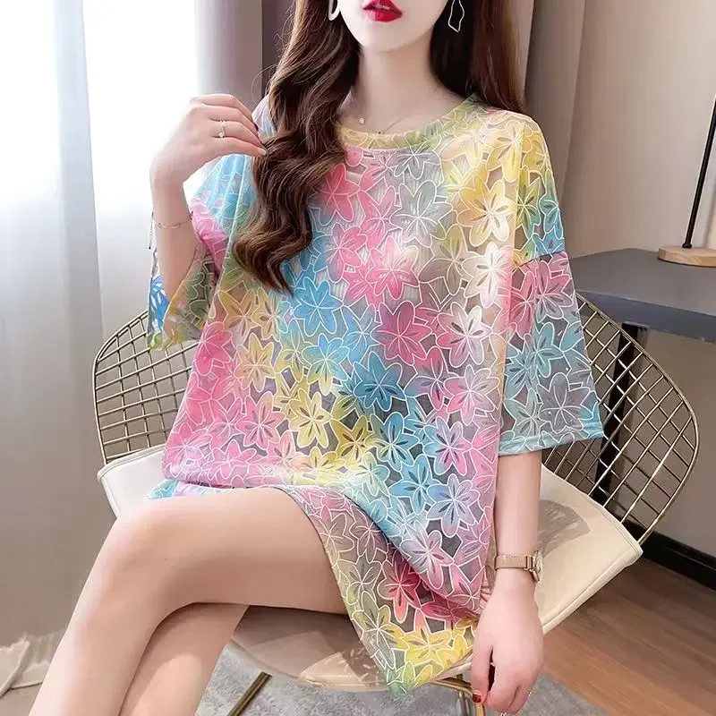 

DAYIFUN Women's Floral Printing T-Shirts Loose Summer Tops Casual Short-Sleeve Fashion Oversized Tshirts Female Hollow Out Tees