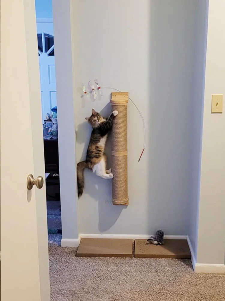Cat Scratching Post Wall Furniture Wood Wall Mounted Kitten Scratcher Tree Tower Toys Thicker Column for Indoor Cats Accessories