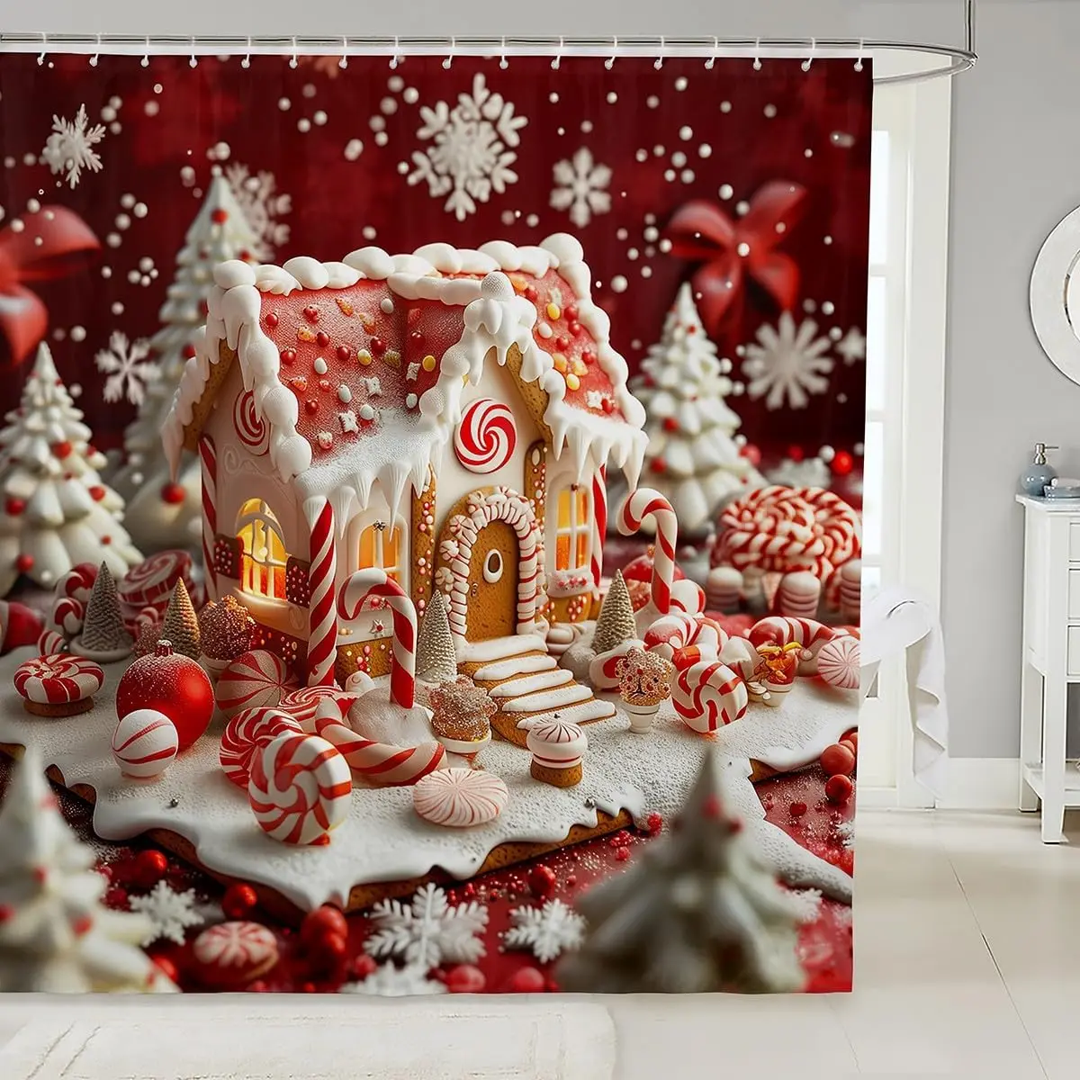 Christmas Gingerbread House Shower Curtain, Candy Cane Winter Village Bath Decor Festive Red Snowflake Art, Waterproof Polyester