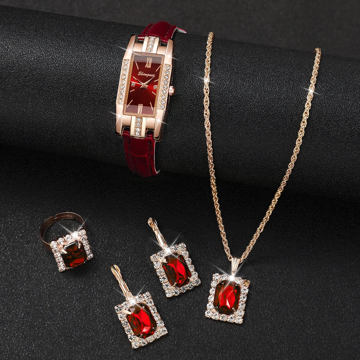 ساعة كوارتز مستطيلة من جلد البولي يوريثين للنساء مع مجموعة مجوهرات غير مدرجة ، الموضة ، 5 في كل مجموعة