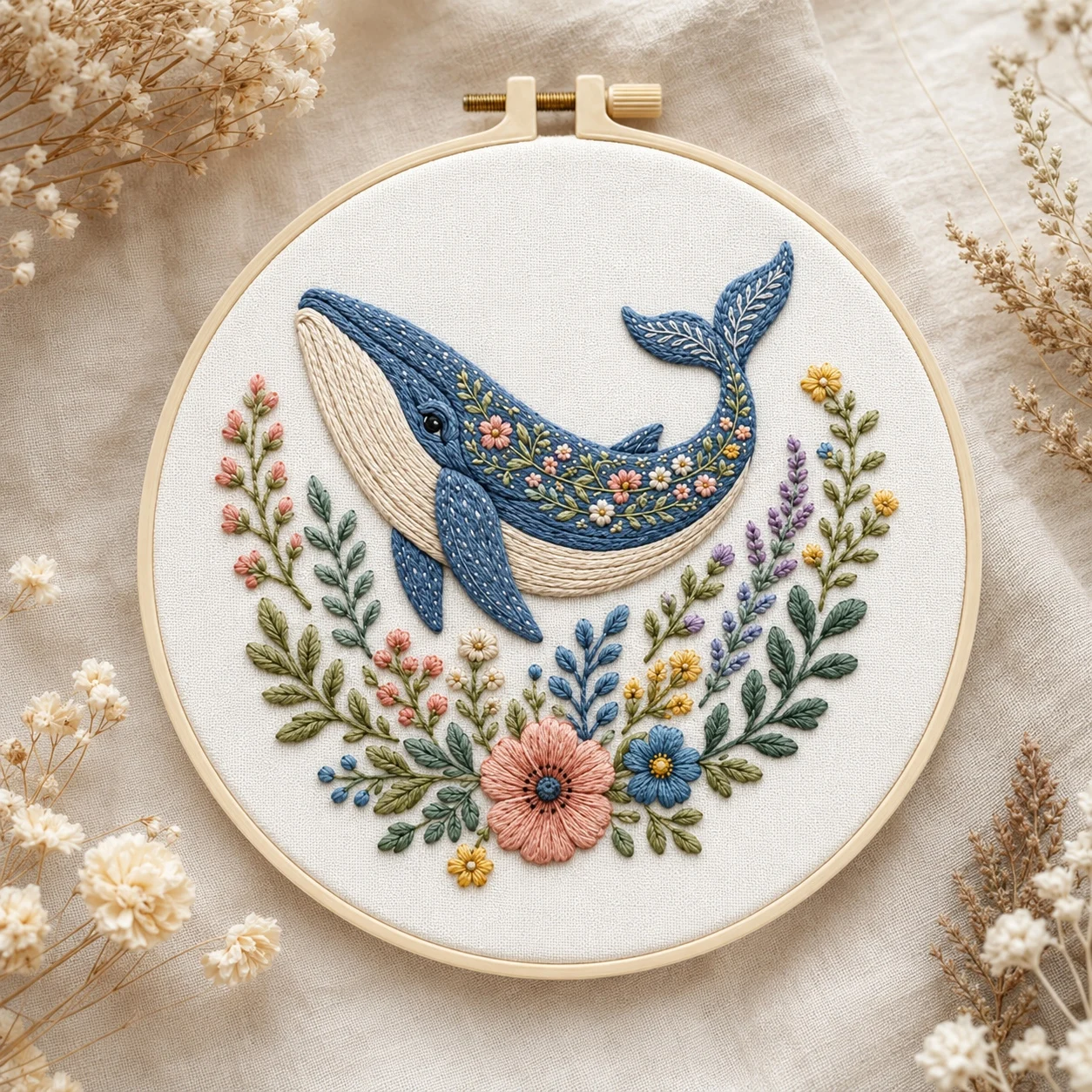 All-in-One DIY Embroidery Kit Whale and Flower Pattern Embroidery Set Creative Craft Kit for Adults & Novices, Home Decor