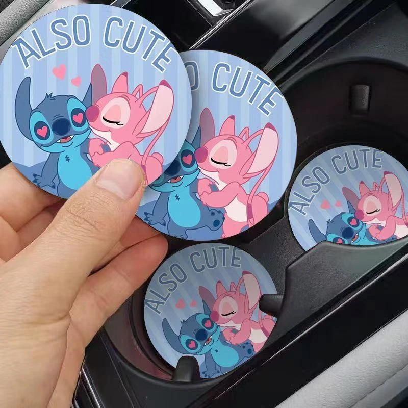 2PCS Disney Stitch Car Cup Mat Cute Cartoon Vehicle Interior Decor Soft Touch Mat Non-Slip Fashion Auto Accessories Holiday Gift