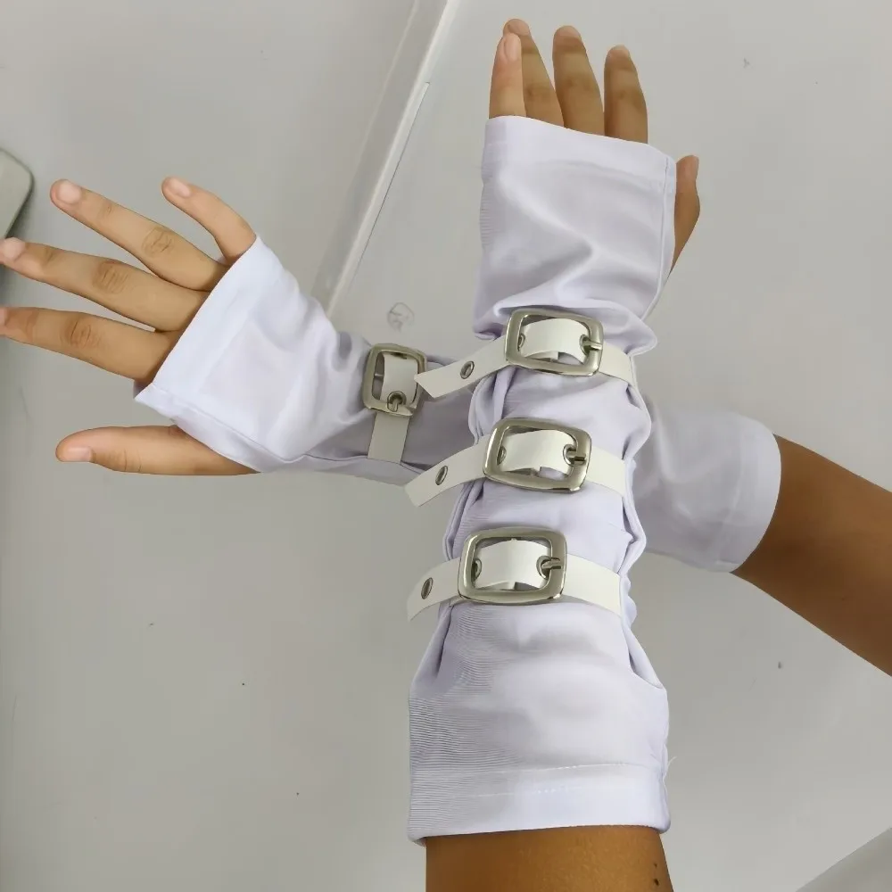 Polyester Punk Arm Sleeves Nonstretch Fabric Metal Buckles Dark Gothic Arm Covers Lightweight White Half-arm Sleeve Gloves