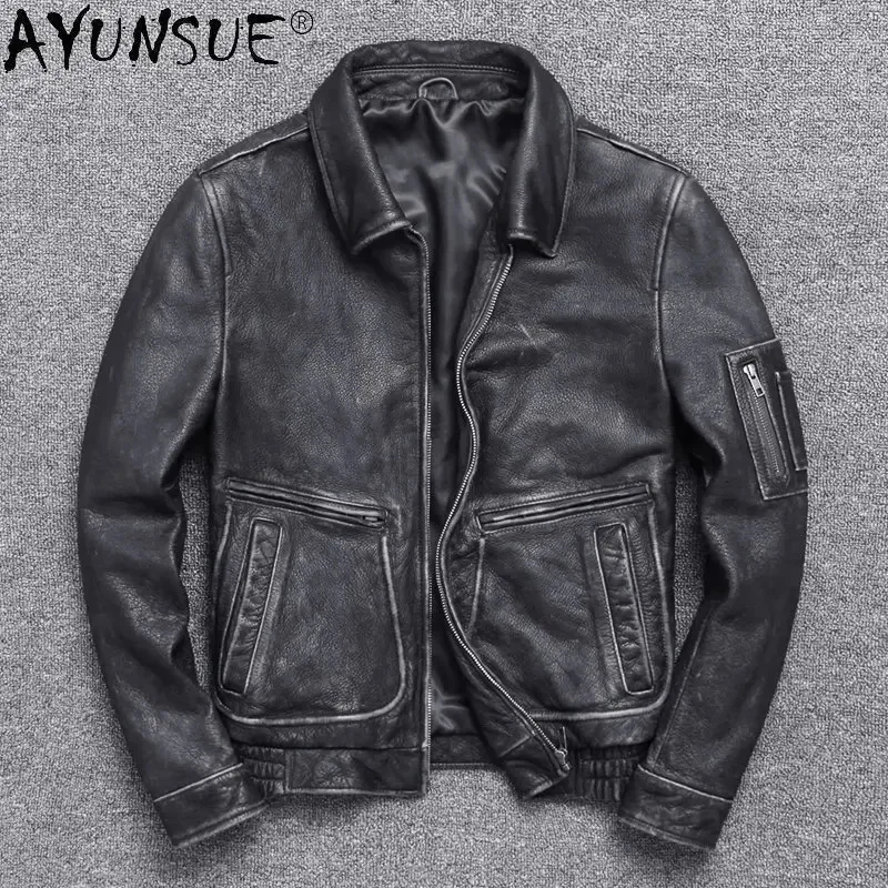 AYUNSUE Genuine Cow Leather Jacket Men Vintage Motorcycle Coat Real Cowhide Coats Chaquetas De Cuero Hombre S