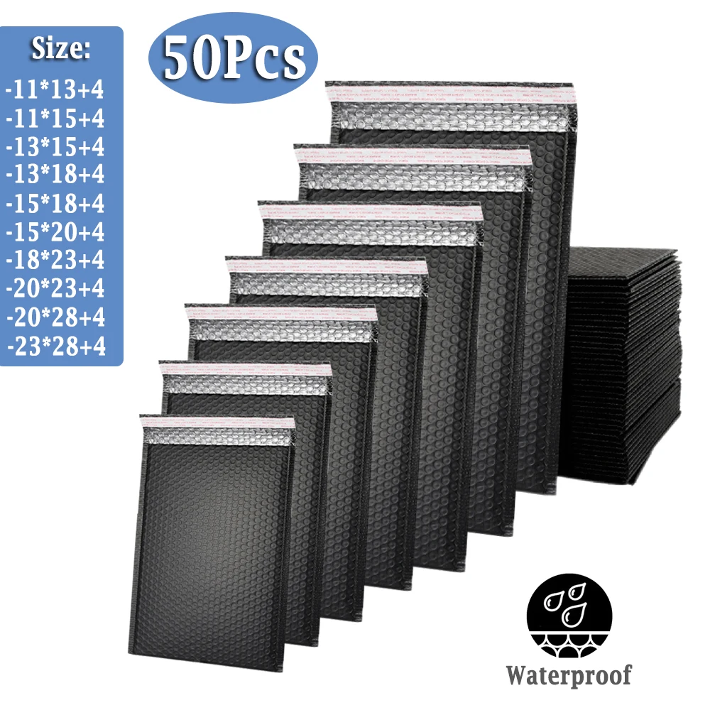 50 יחידות של מעטפות בועות שחורות עמידות למים, מעטפות בועות מסוג פום למשלוחים מהירים, שקיות אריזה עם סגירה עצמית