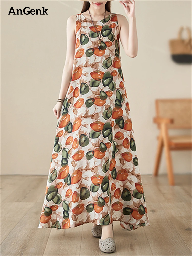

2024 Spring Summer Cotton Sleeveless Vintage Print Dresses For Women Casual Loose Long Vestidos Elegant Dress Fashion Clothing