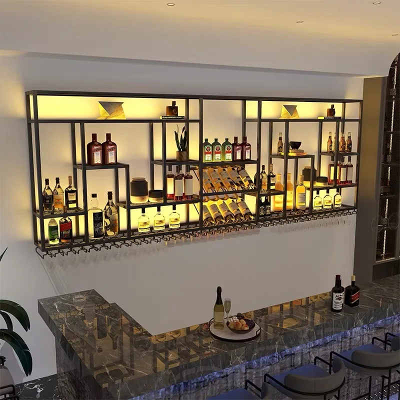 Bar bar, wrought iron wine rack, storage , wine cabinet, wall hanging wine , display , restaurant front desk,
