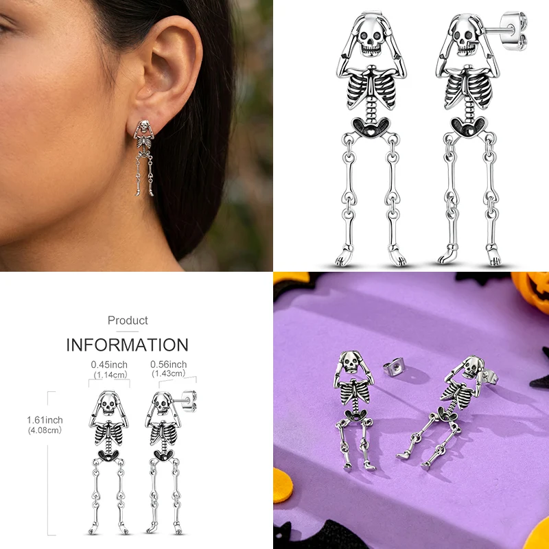 Movable Skeleton Earring 925 Sterling Silver Ear Stud For Woman Halloween Party Unisex Jewelry Gift