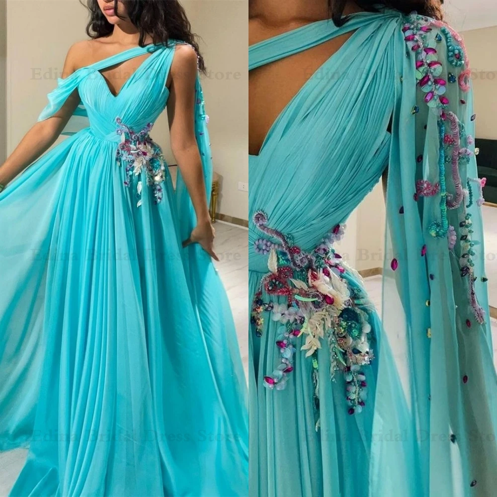 Fashion Asymmetrical One Shoulder Evening Gowns with Pleated Appliques Beadings A-Line Pageant Dress Chiffon فستان حفلات الزفاف