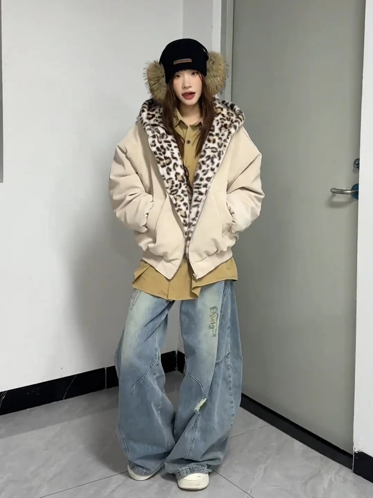 

Double-Sided Wear Leopard Print Mountain Hawk Jaet Women's Cotton Coat Winter Thiened Warm PU Leather Hooded Coat