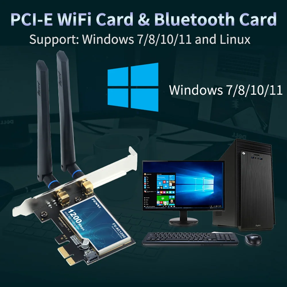 Fenvi WiFi5 AC1200 PCIE WiFi 어댑터 BT4.0 Win 7/8/10/11 데스크탑 PC 용 1200Mbps WiFi 카드 듀얼 밴드 802.11ac 네트워킹 업그레이드