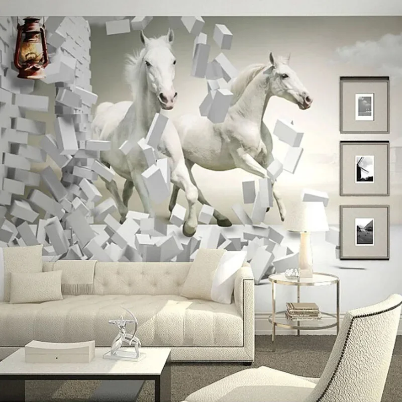 Custom Mural Wallpaper White Horse Galloping Brick Wall Living Room Sofa TV Background Photo Wall Art Papel Pintado Pared Tapiz