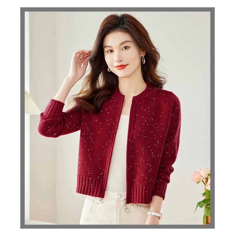 Damski kardigan z dzianiny na jesień 2025, nowy styl, łączony, okrągły dekolt, zapinany na zamek, jednolity kolor, zachodni styl, cekinowy, z długim rękawem.