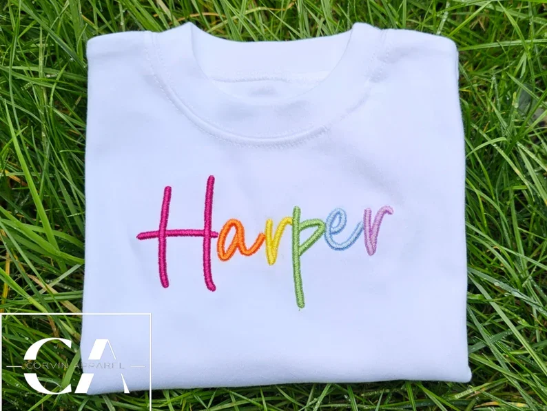 Rainbow Custom 3D Embroidered Kids T-Shirt Personalized Name Children's Cotton Blend Breathable Short Sleeve Playdate Gift