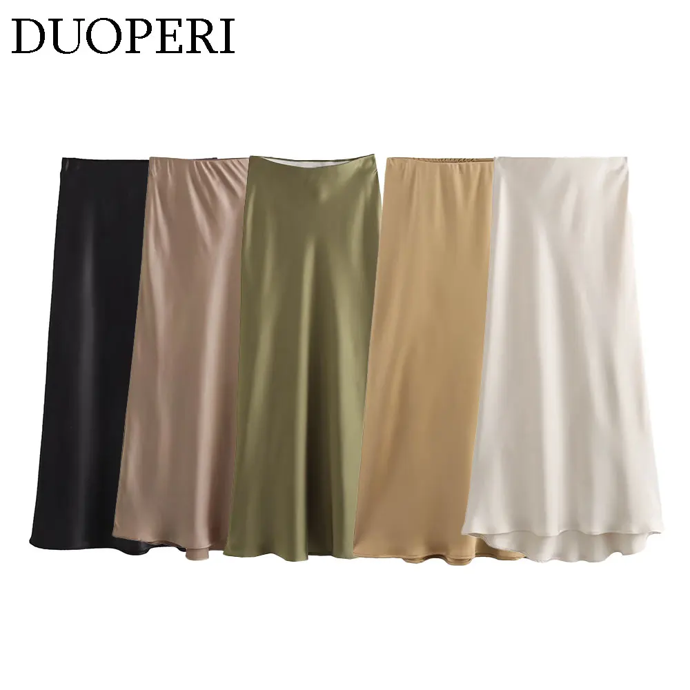 DUOPERI Women Fashion Plain Multicolor Satin Textured Midi Skirt Female Chic Lady Casual Elegant Long Skirt